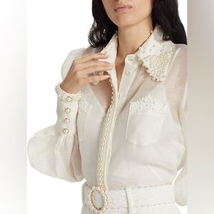 Authentic ZIMMERMANN - High Tide Pearl-Embroidered Linen-Silk Shirt Size 2